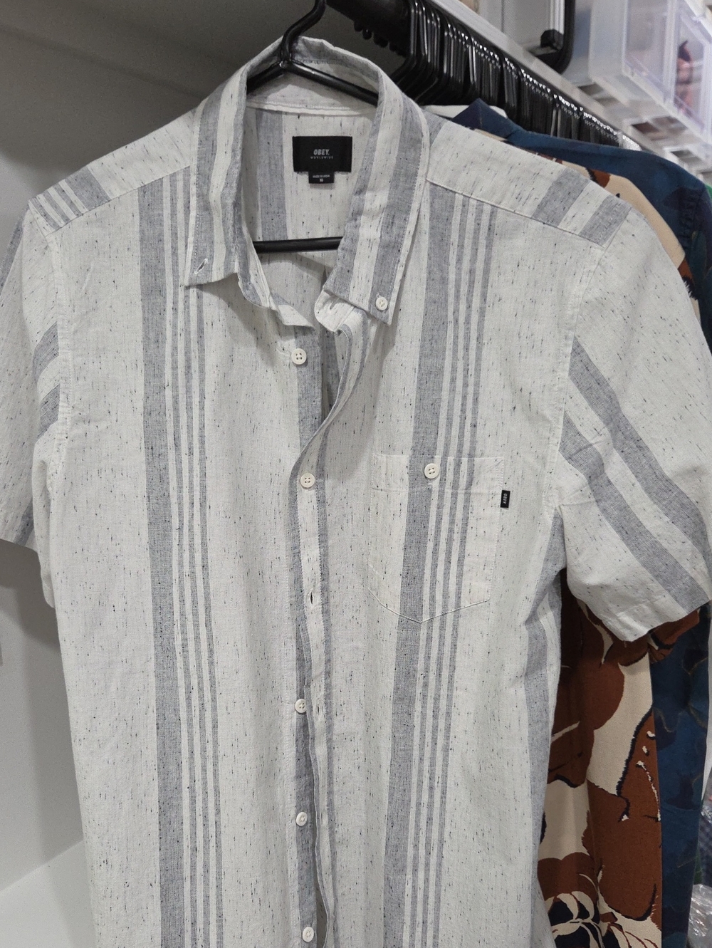 Obey Men’s White and Gray Vertical Stripe Short-Sleeve Button-Up Shirt